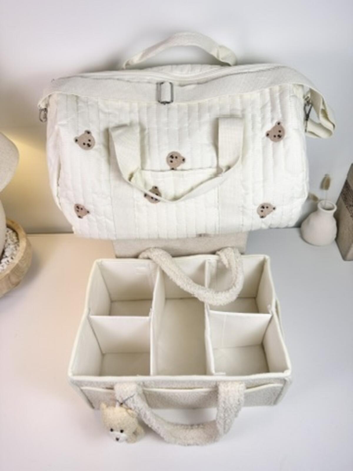 Set of 2 Travel Bag with Strap and Caddy Diaper Bag for Baby Essentials - Cream