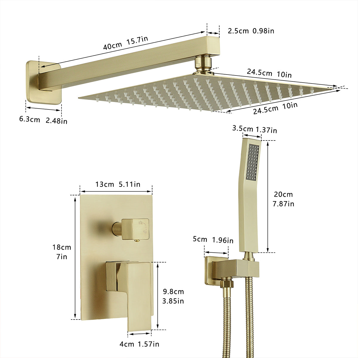 Brushed Gold Luxury Rain Mixer Shower Combo Set Wall Shower Head and Handheld Faucet Set