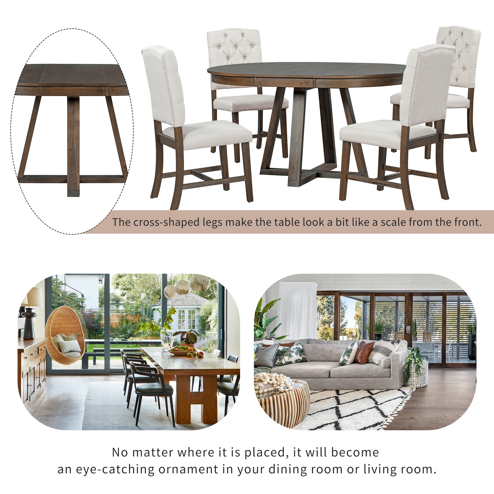 5-Piece Retro Functional Dining Set, Round Table with a 16"W Leaf and 4 Upholstered Chairs - Walnut