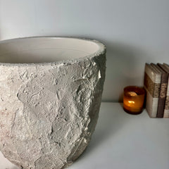Minimalist Hand-Painted & Textured Planter Pot 14" tall with drainage hole one time creation - Cream