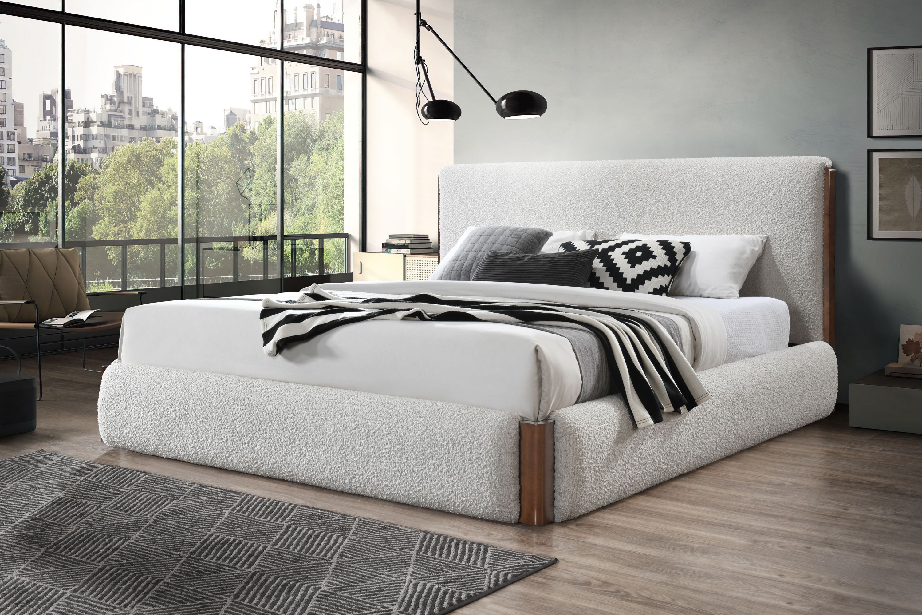 Queen Bed, White Boucle & Walnut Finish