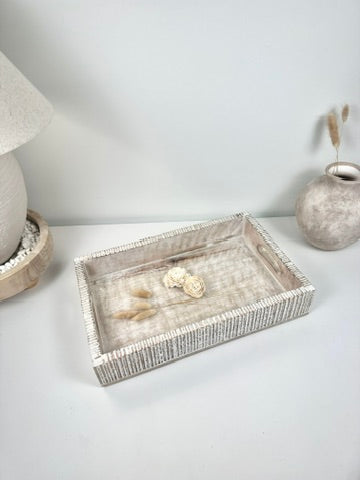 Boho Handmade Serving Wooden Tray Whitewash Finish with Stripes 12x10x2.5”