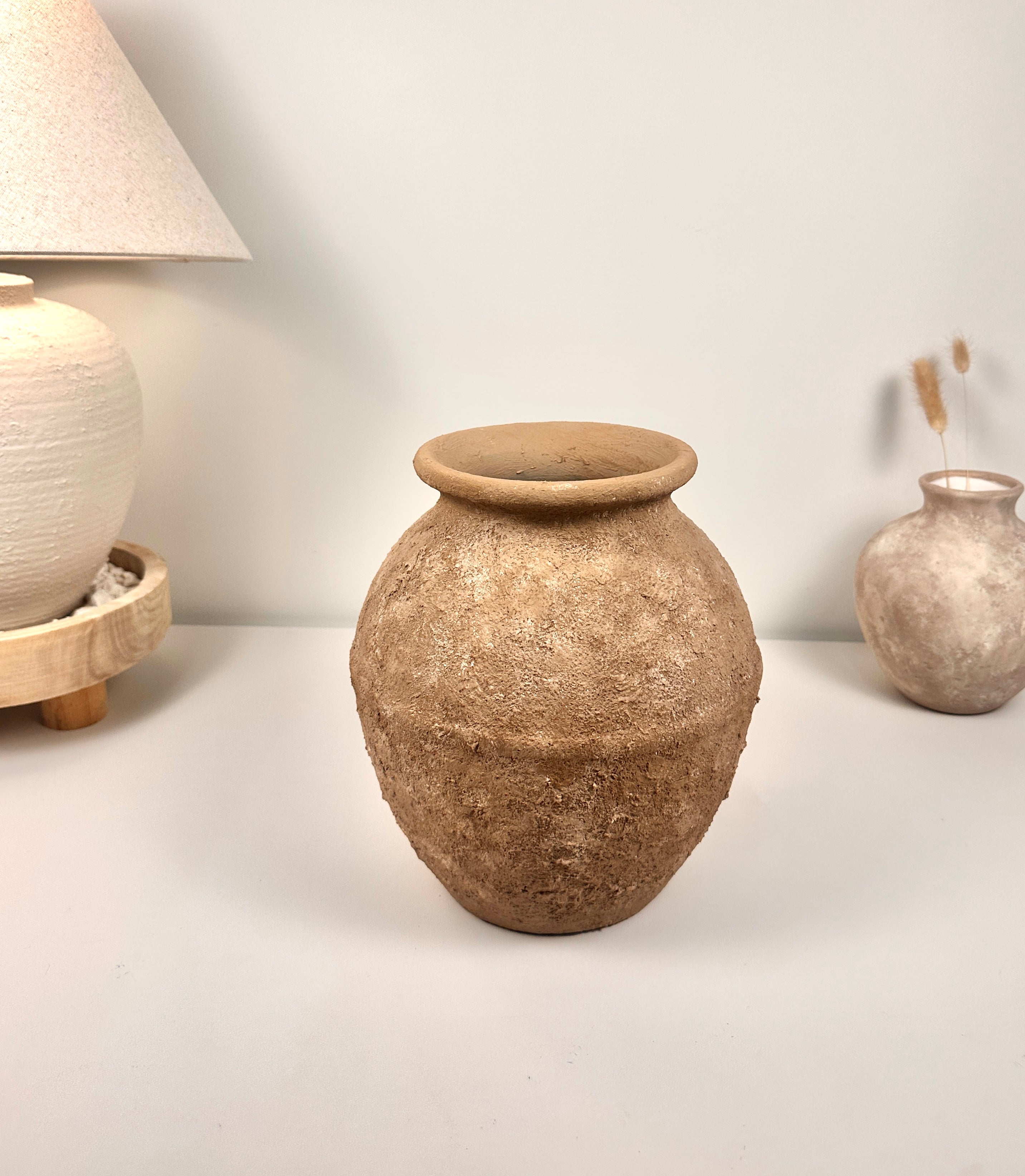Earth Brown Color Ceramic Vase Painted and Textured By Hand 10.5x9x9"