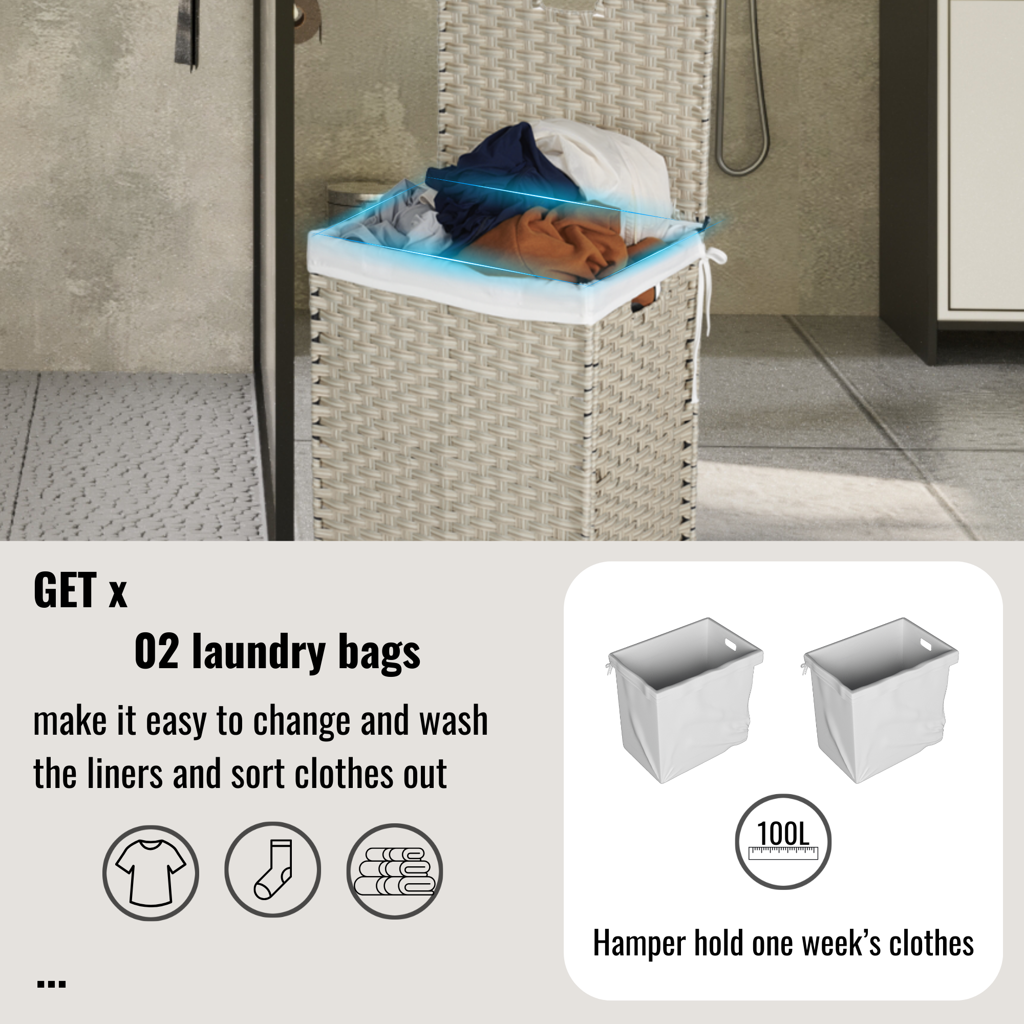 Laundry Hamper With Lid PE Rattan Powder Coating Frame Clothes with 2 Removable Bags, 100L - Light Grey