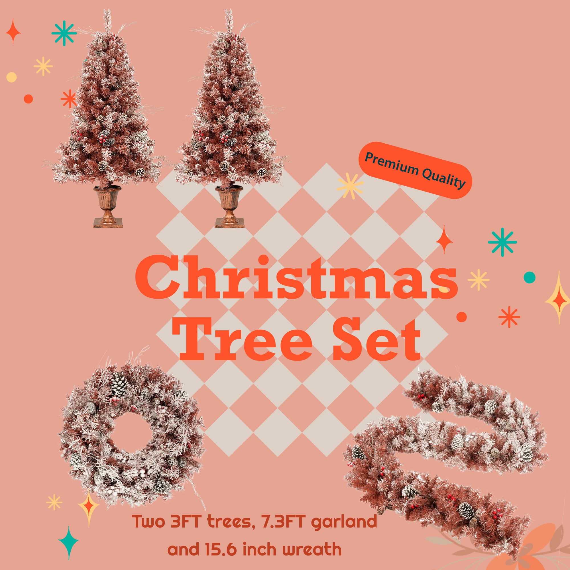 4-Pieces Set Artificial Christmas Tree, Brown Needles with flocking, with Warm Lights, pine cones and berries, Artificial Tree for door and fireplace