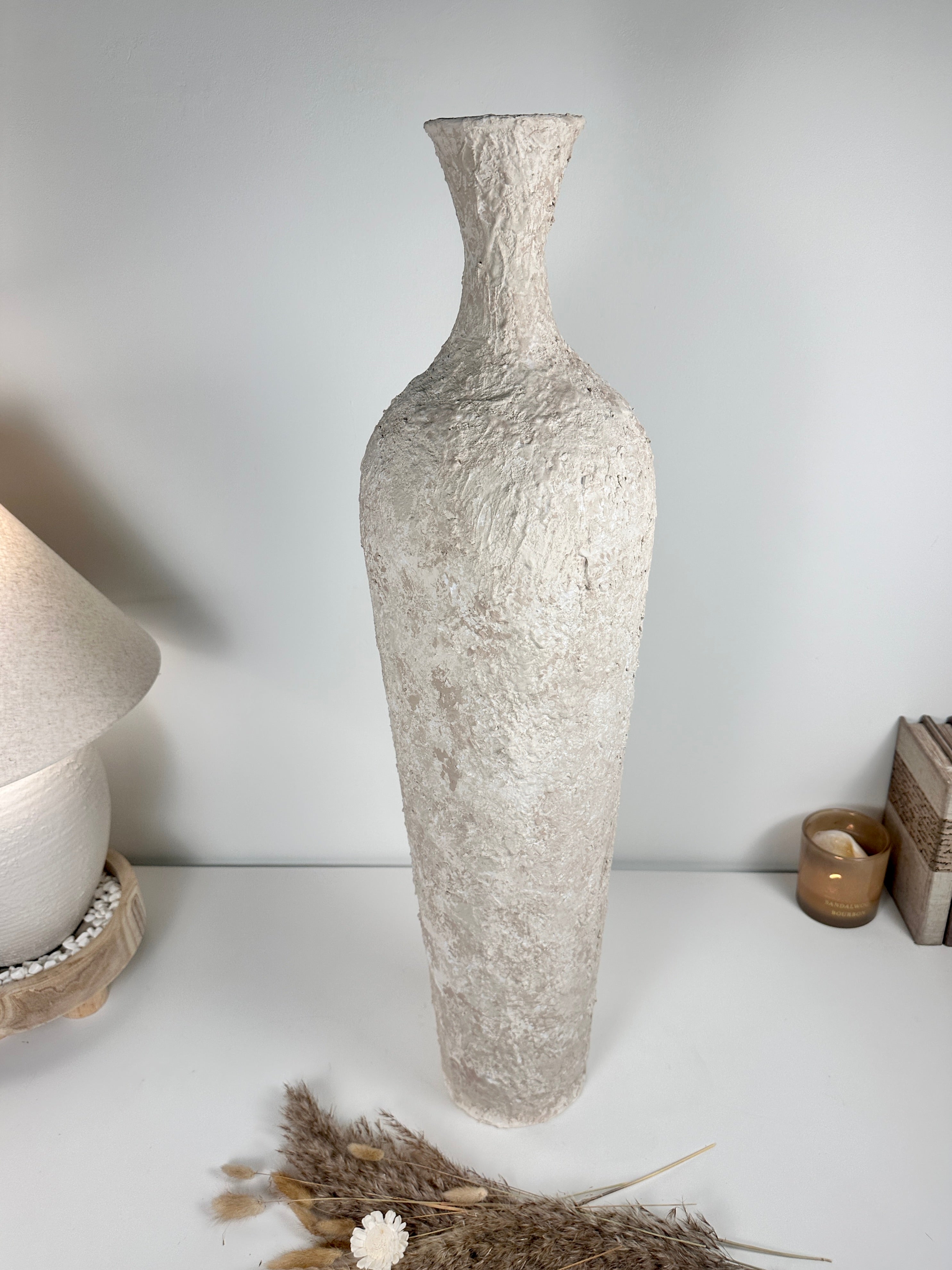 Floor Vase 32" tall minimalist hand-painted metal texture - cream wash