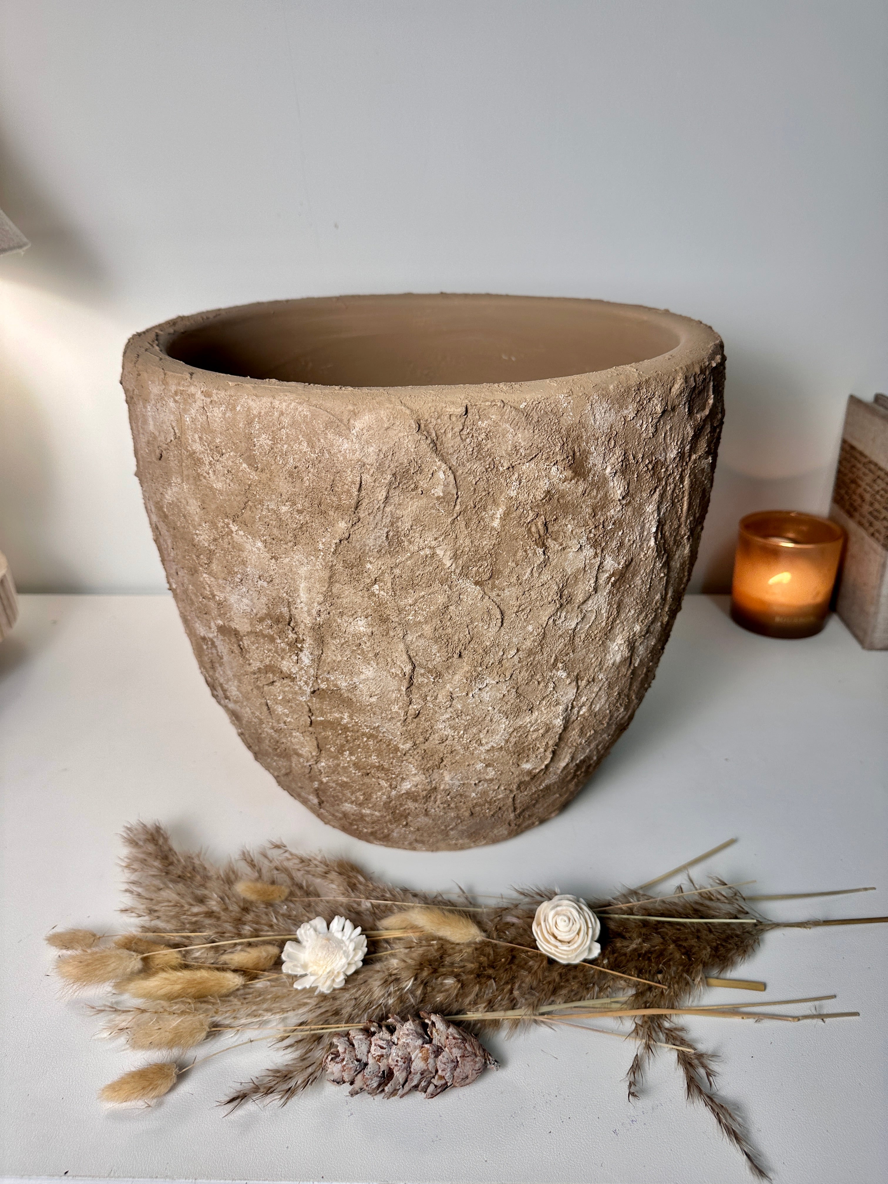 Rustic Hand-Painted & Textured Planter Pot 13" tall with drainage hole one time creation - Earth Brown on Brown