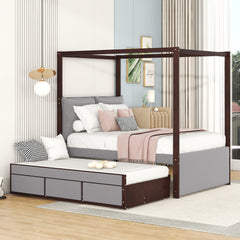 Full Size Upholstered  Canopy Bed with Trundle and 3 Drawers - Gray