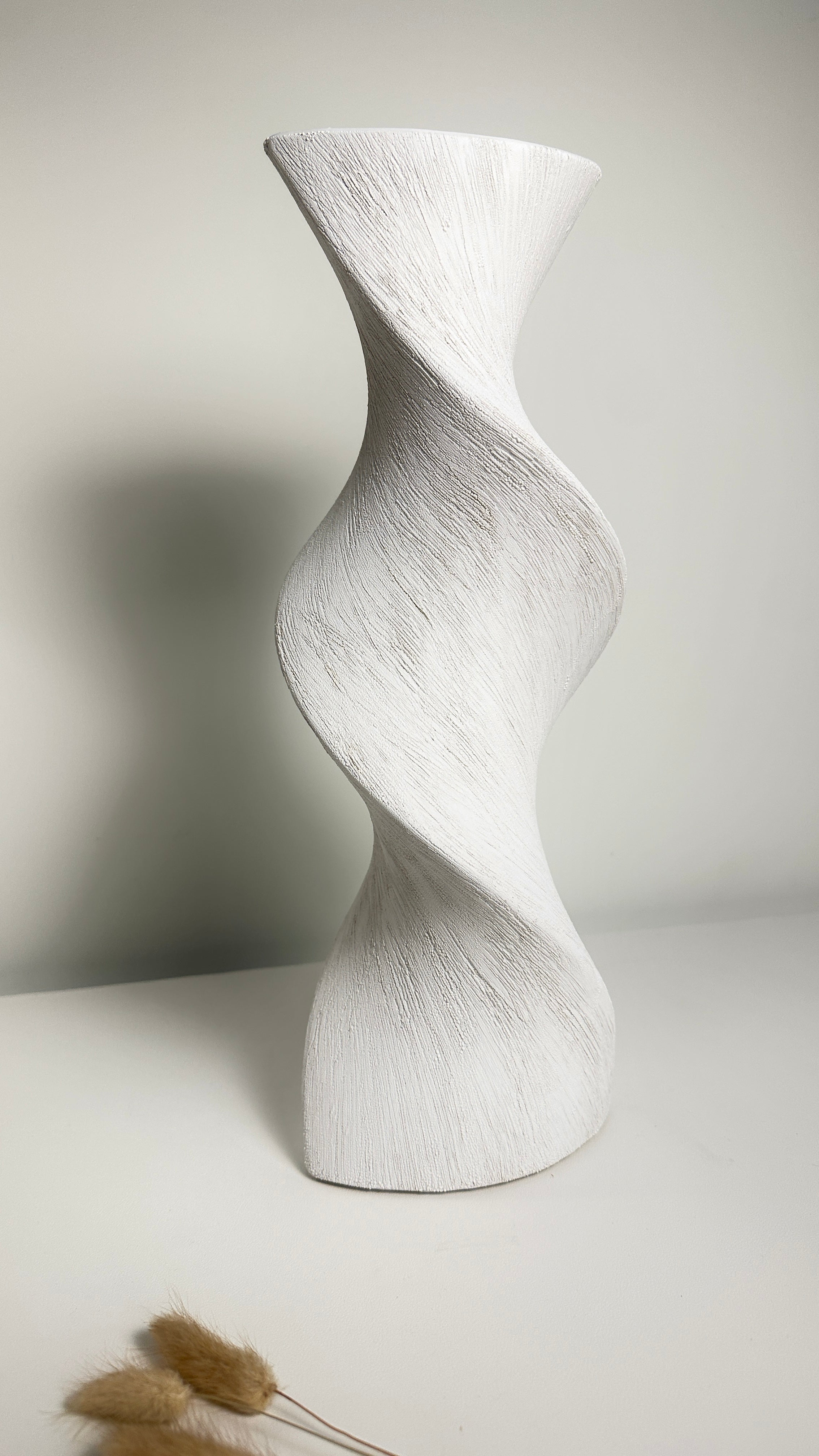 White Minimalist Twisted Vase, 16 Inch Tall, Modern Decorative Flower Vase