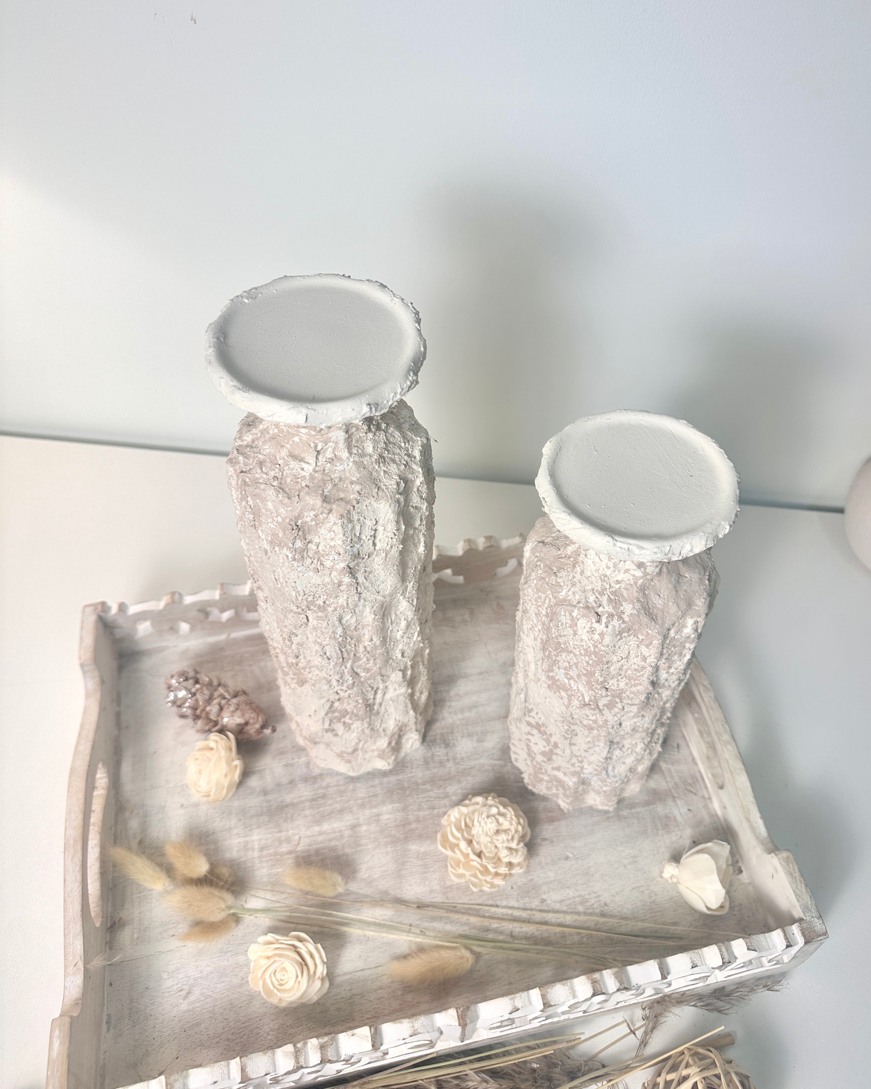 Minimalist Set of 2 Candle Holders Textured Hand-Painted - Cream Sand (10.5x4x4", 13x4x4")