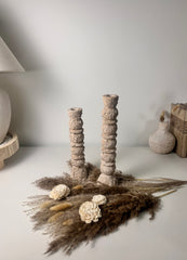 Set of 2 candlestick holders hand-painted and textured minimalist rustic style 12" tall and 10" tall - Tan Beige