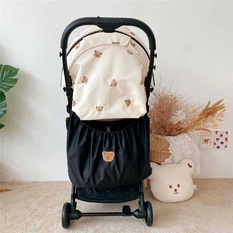 Baby Stroller Organizer Bag, White Waterproof Nylon Storage Pouch with Cute Bear Design, Universal Hanging Diaper Caddy