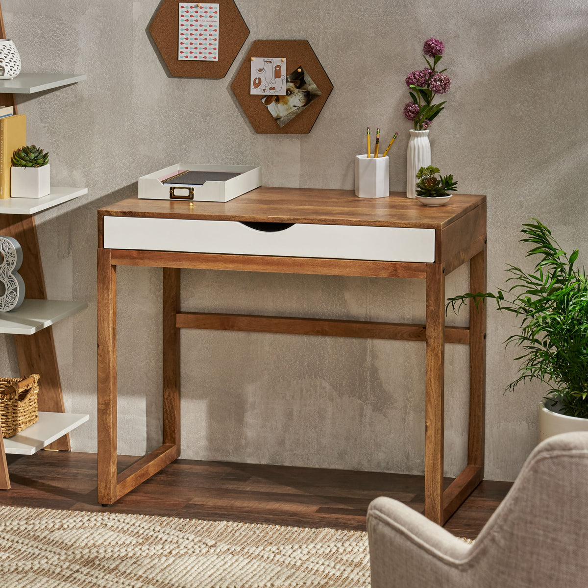 Contemporary Office Desk Mango Wood with drawer - Natural