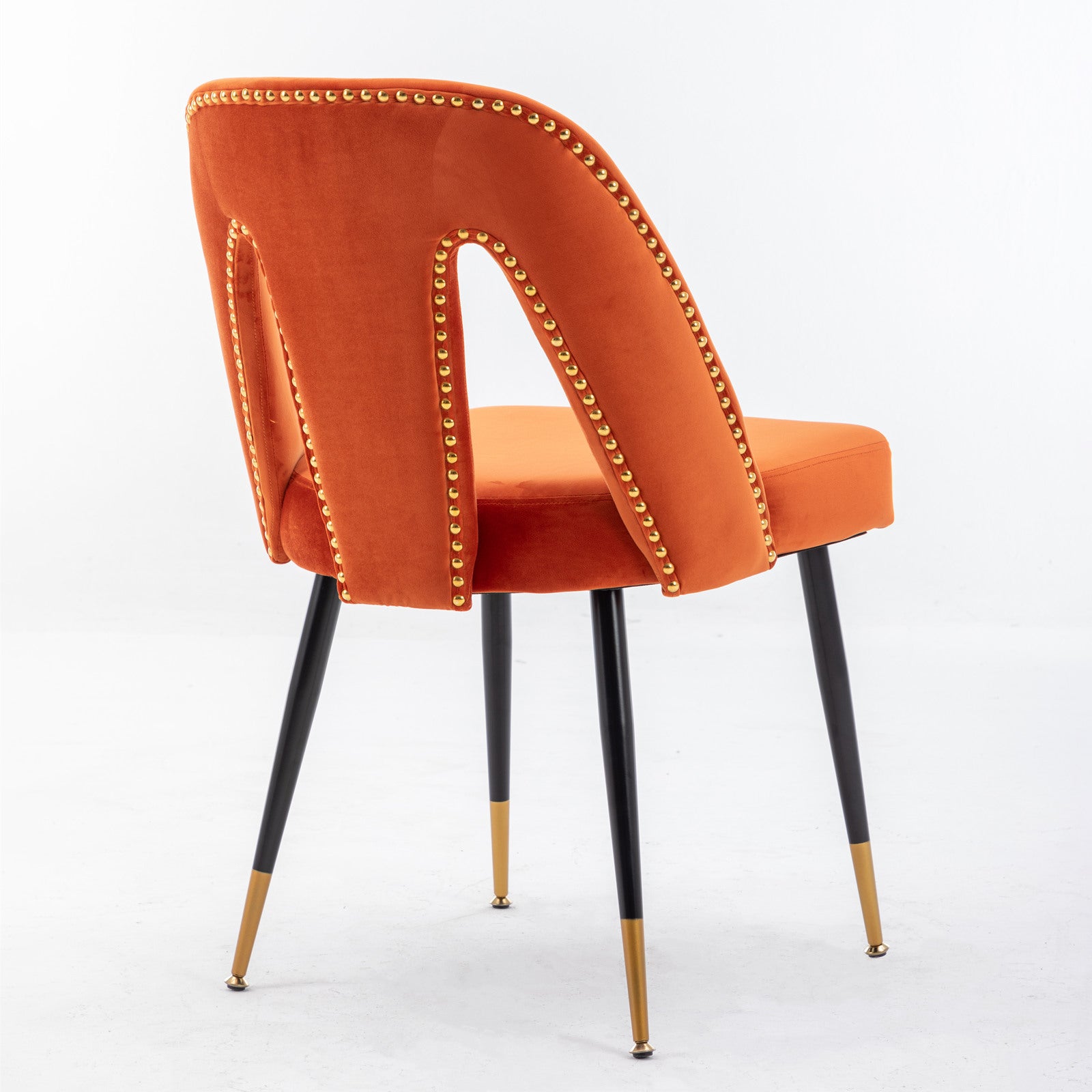 Contemporary Velvet Upholstered Dining Chair with Nailheads and Gold Tipped Black Metal Legs (Set of 2) - Orange