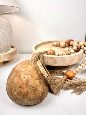 Set of 3 Decorative Accent Boho Mediterranean Style, Organic and Rustic Centerpiece Setting (Vase, Paulownia Tray and Natural Wood Bead Garland)