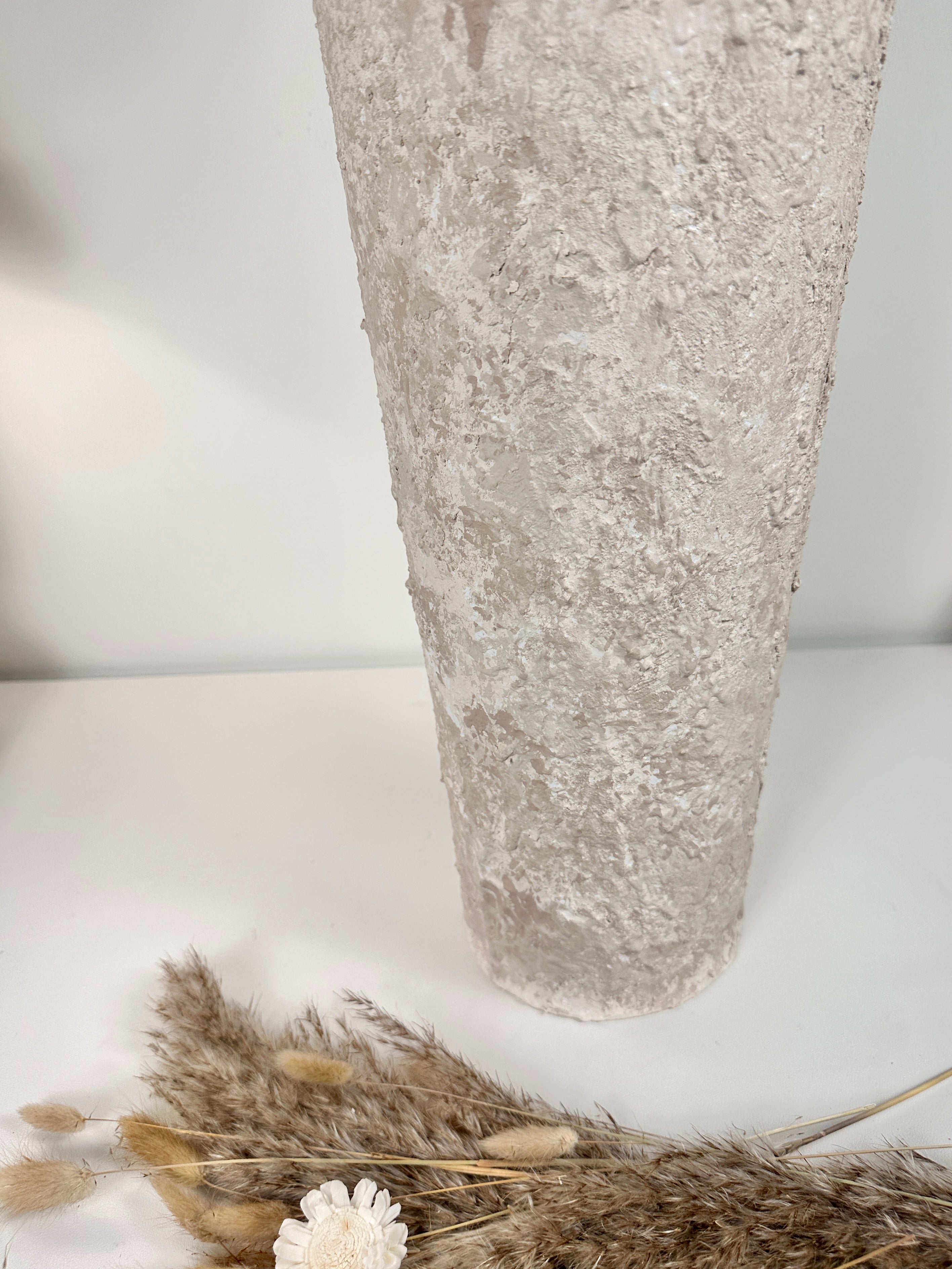 Floor Vase 32" tall minimalist hand-painted metal texture - cream wash