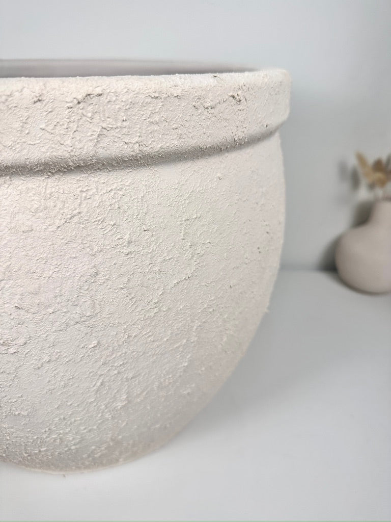 Minimalist Hand-Painted & Textured Planter Pot 12" tall with drainage hole one time creation - Cream