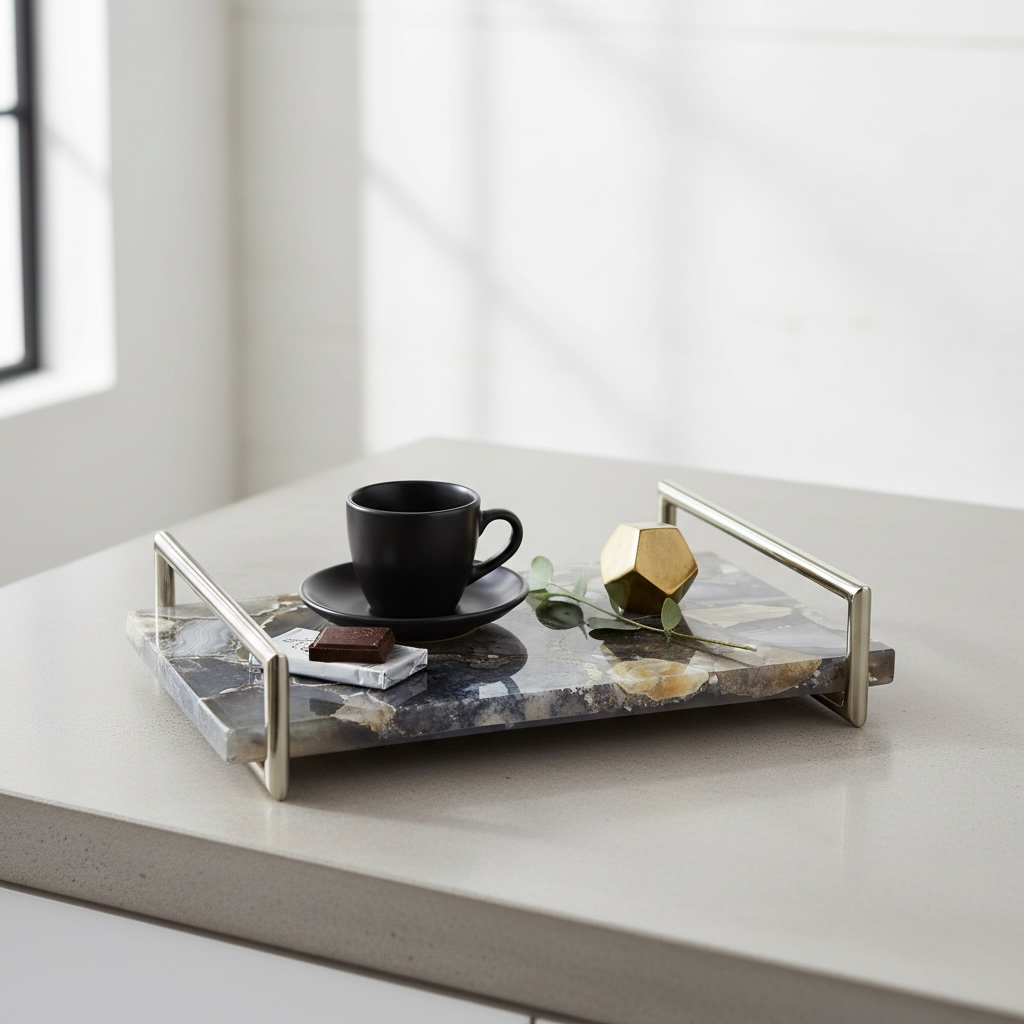 Gemstone mosaic style tray with Gold handle