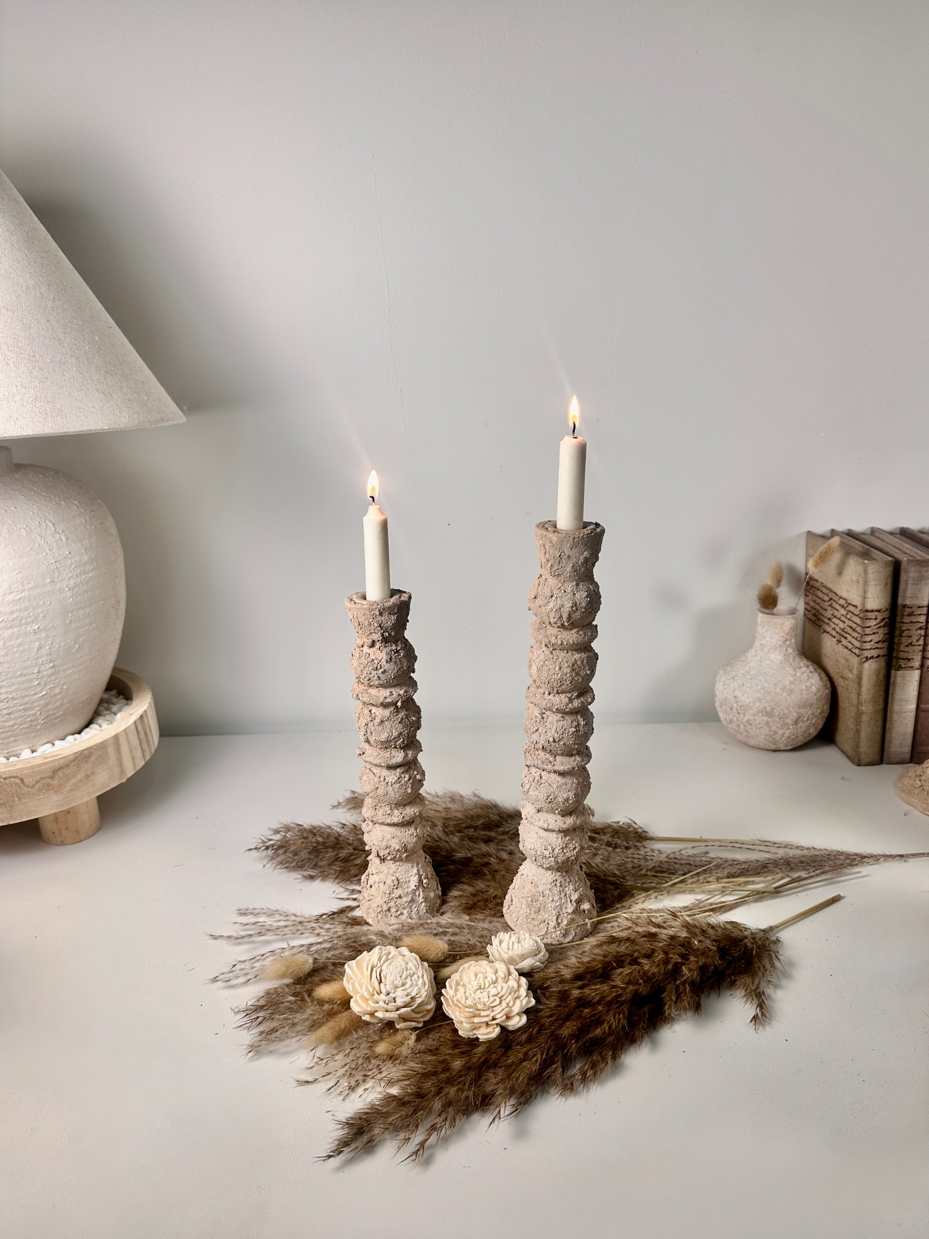 Set of 2 candlestick holders hand-painted and textured minimalist rustic style 12" tall and 10" tall - Tan Beige