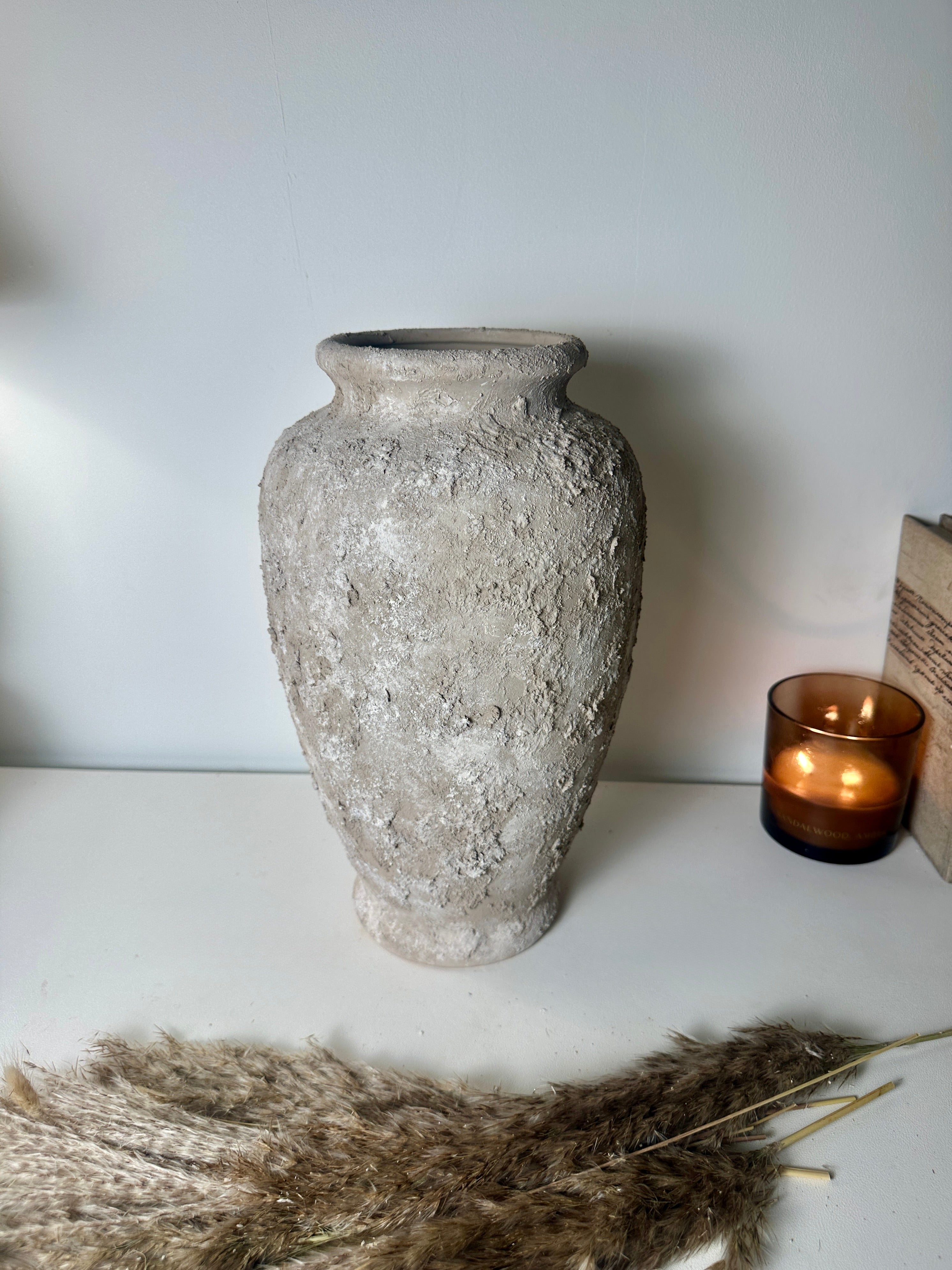 Rustic Hand-Painted Textured Ceramic Vase 14" tall - Beige Wash