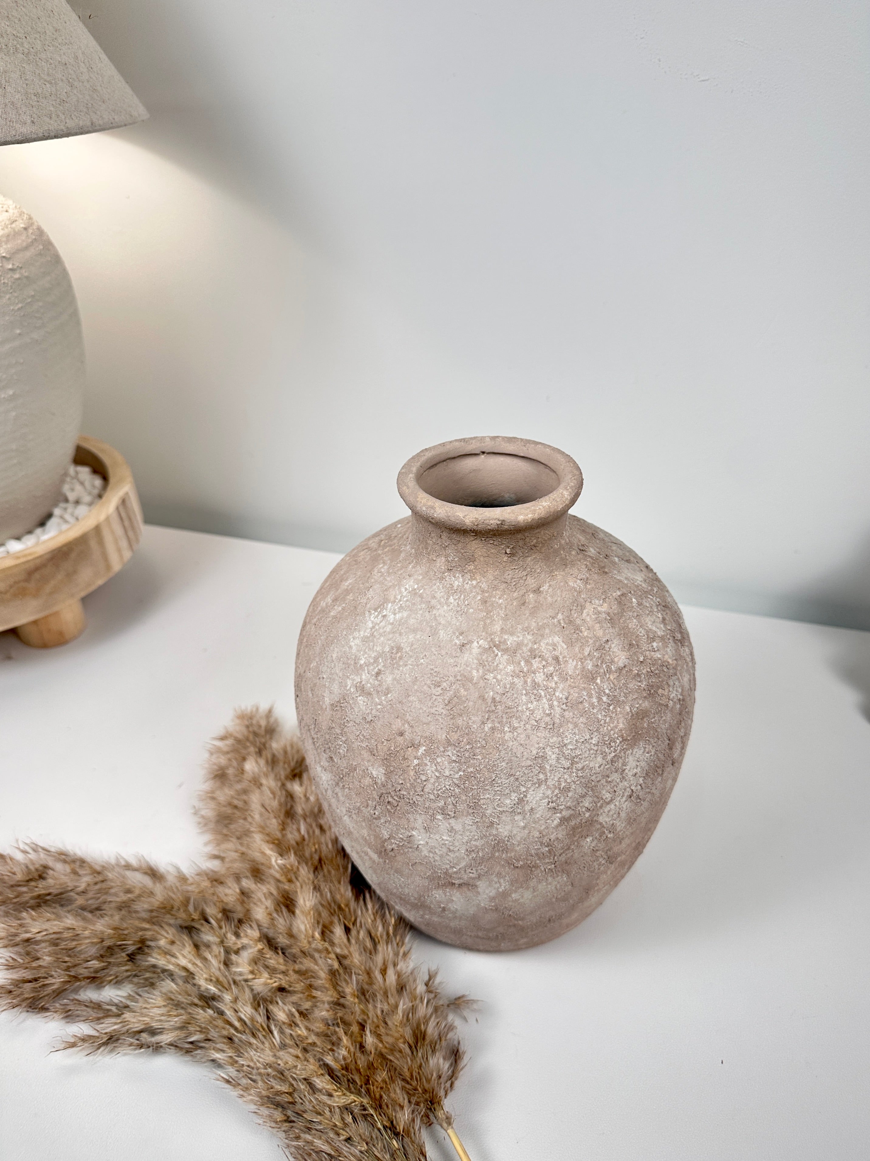 Minimalist Hand-Painted Textured Ceramic Vase 10" tall -  Beige Washed