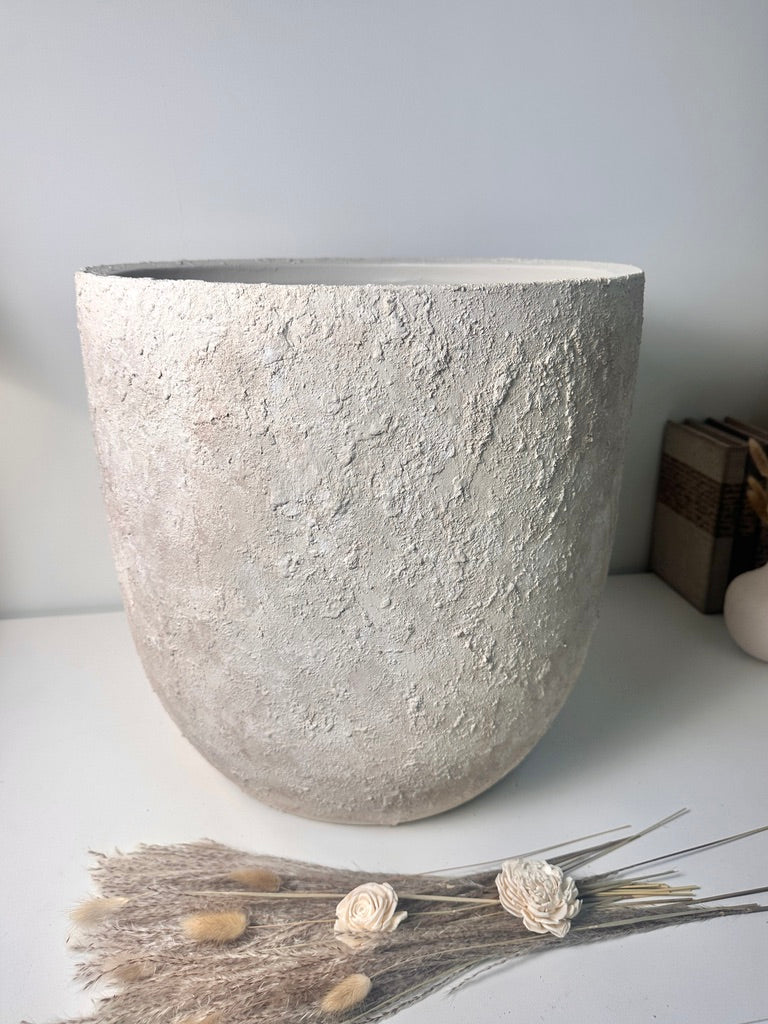 17" tall Minimalist Hand-Painted & Textured Planter Pot with Drainage Hole one time creation - cream sand wash