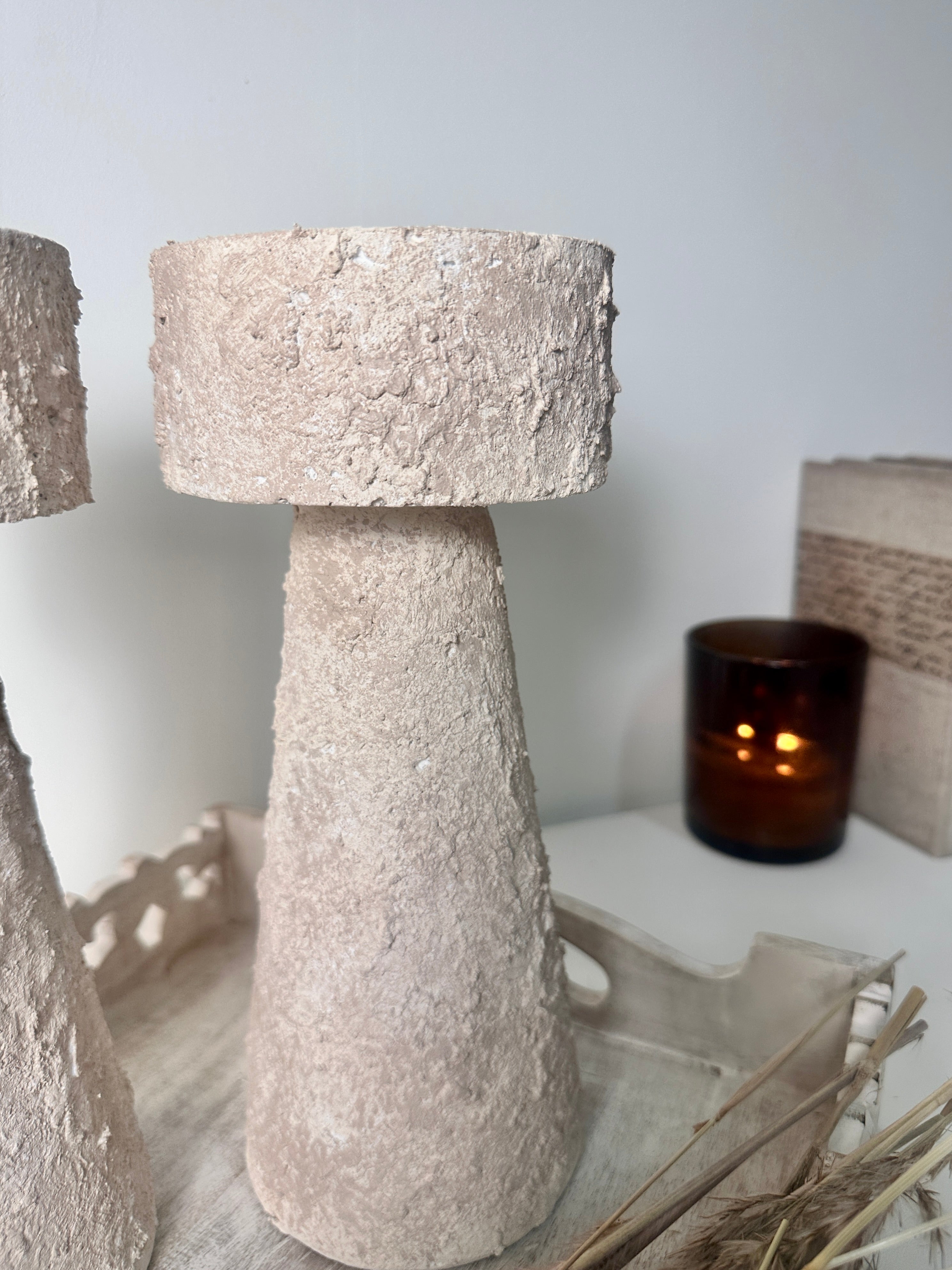 Set of 2 candle holder tray and stick minimalist style 11" tall - Cream wash