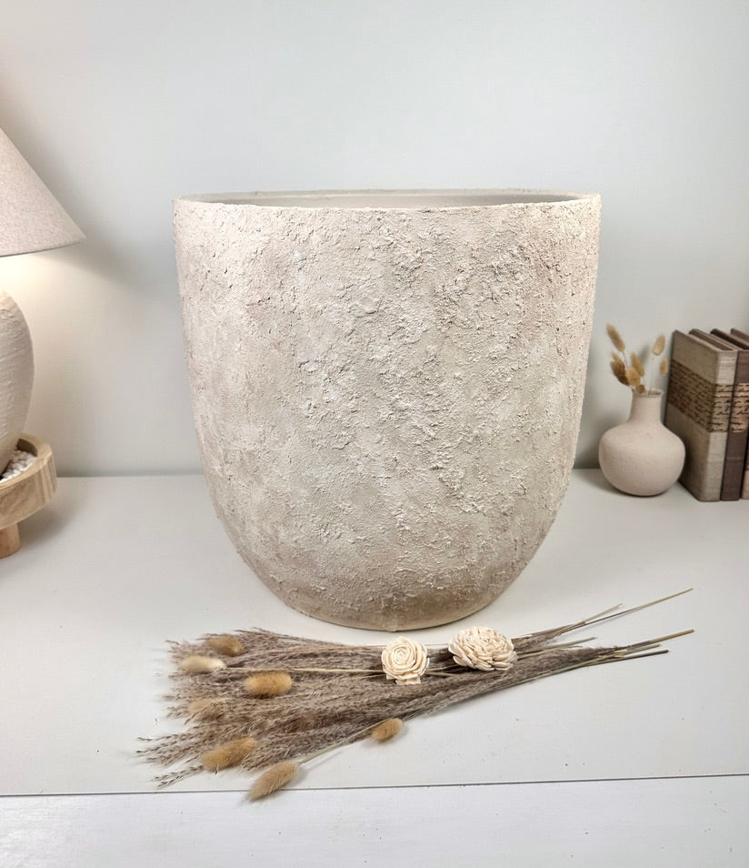 17" tall Minimalist Hand-Painted & Textured Planter Pot with Drainage Hole one time creation - cream sand wash
