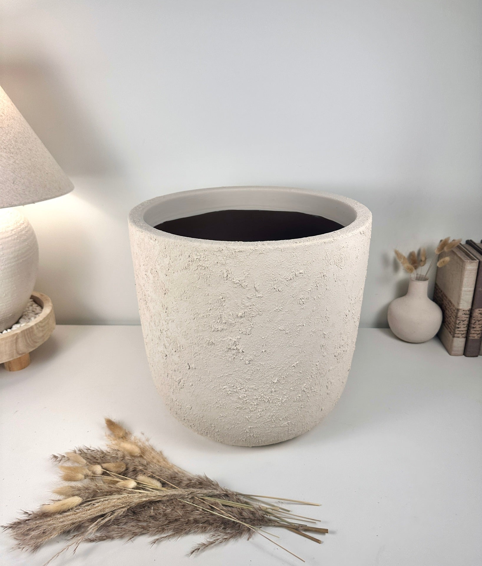 Minimalist Hand-Painted & Textured Planter Pot 14" tall with drainage hole one time creation - Cream