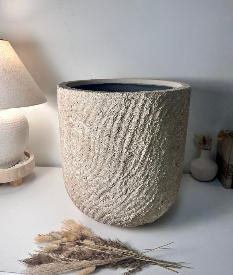Minimalist Hand-Painted & Textured Planter Pot 17.5" tall with drainage hole one time creation - cream sand washed