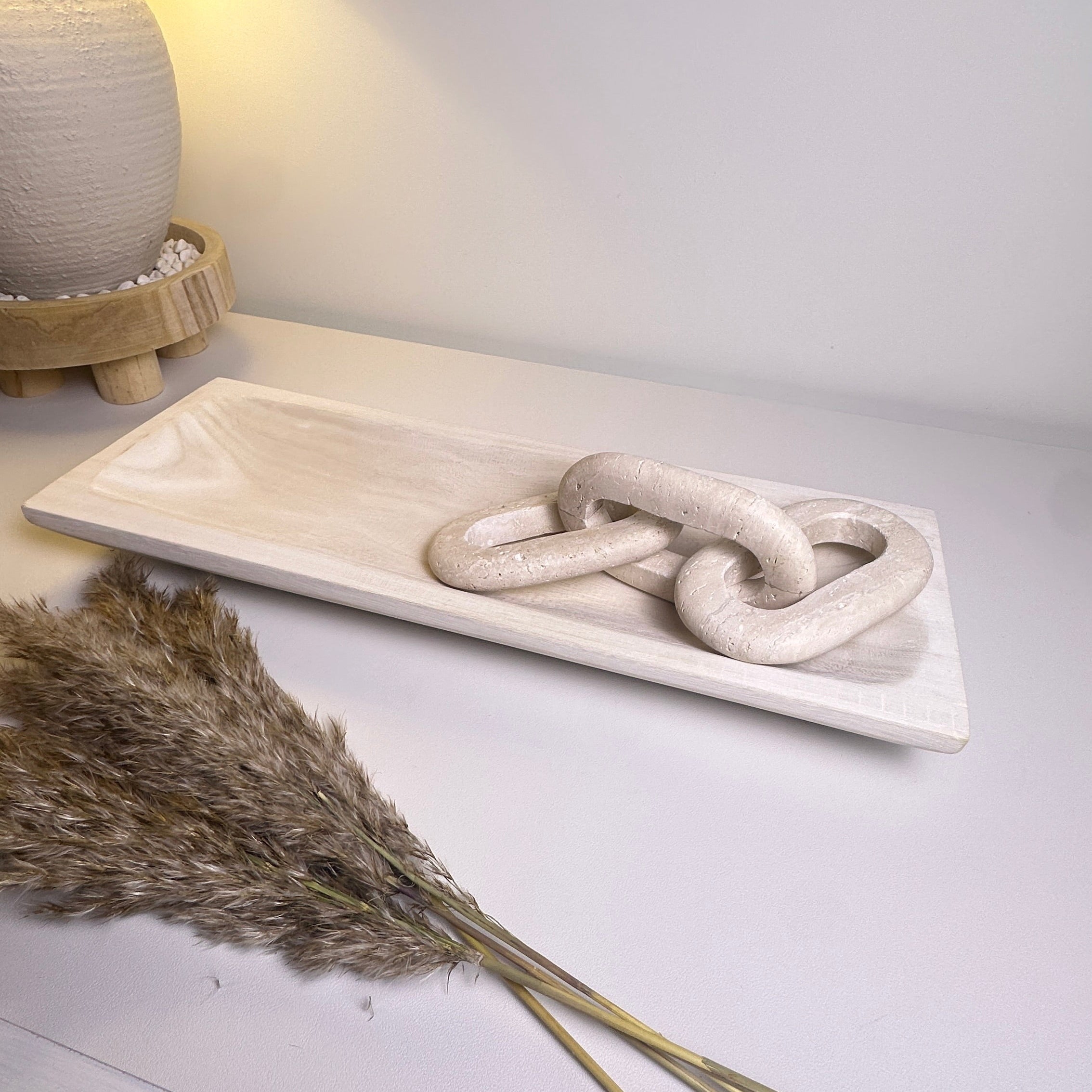Paulownia Wood Boho Tray 20" long - Ivory Sand Whitewashed
