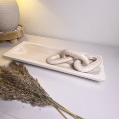 Paulownia Wood Boho Tray 20" long - Ivory Sand Whitewashed