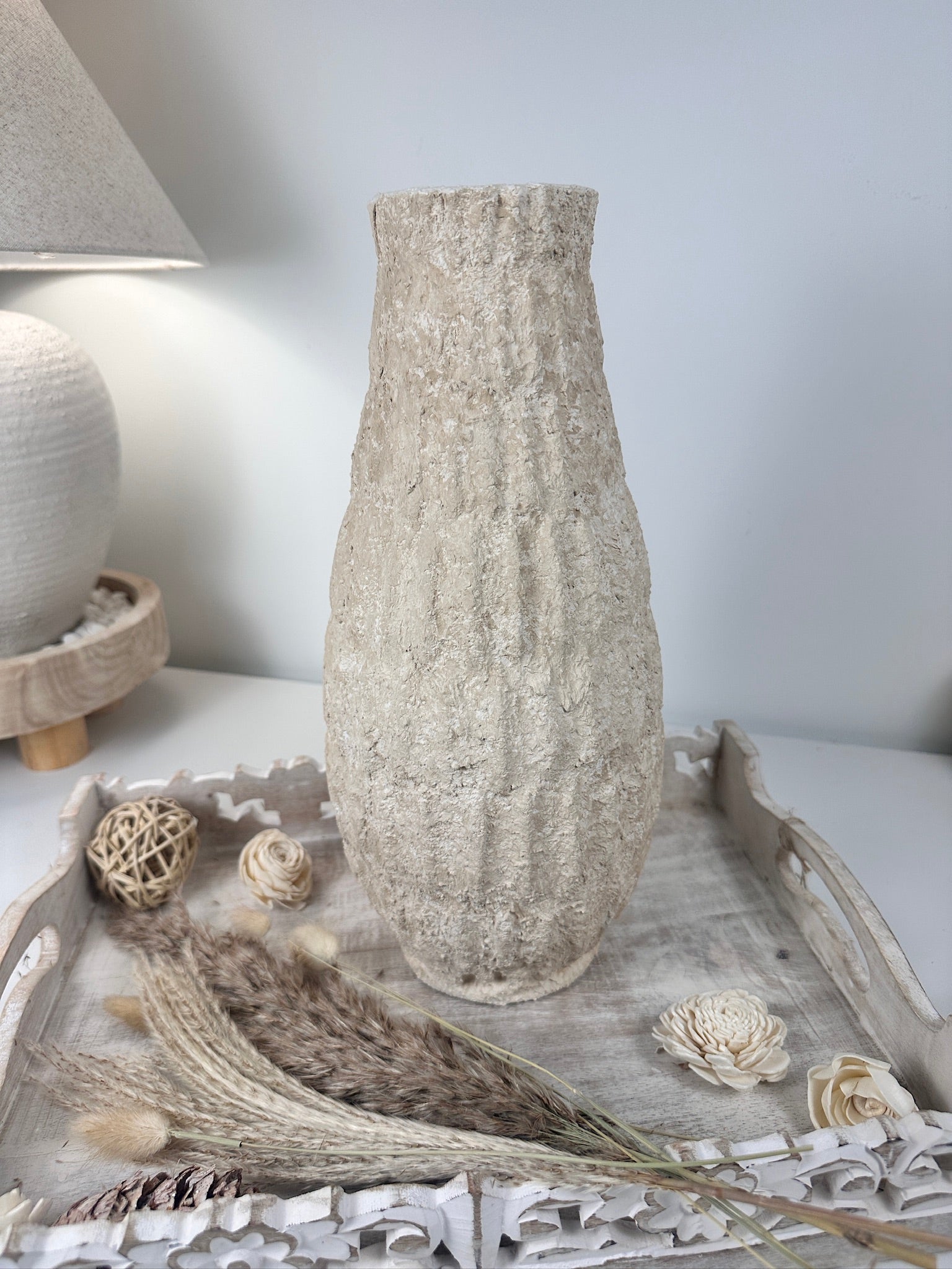 Minimalist Hand-Painted/Textured Ceramic Vase 14" - Cream Sand washed