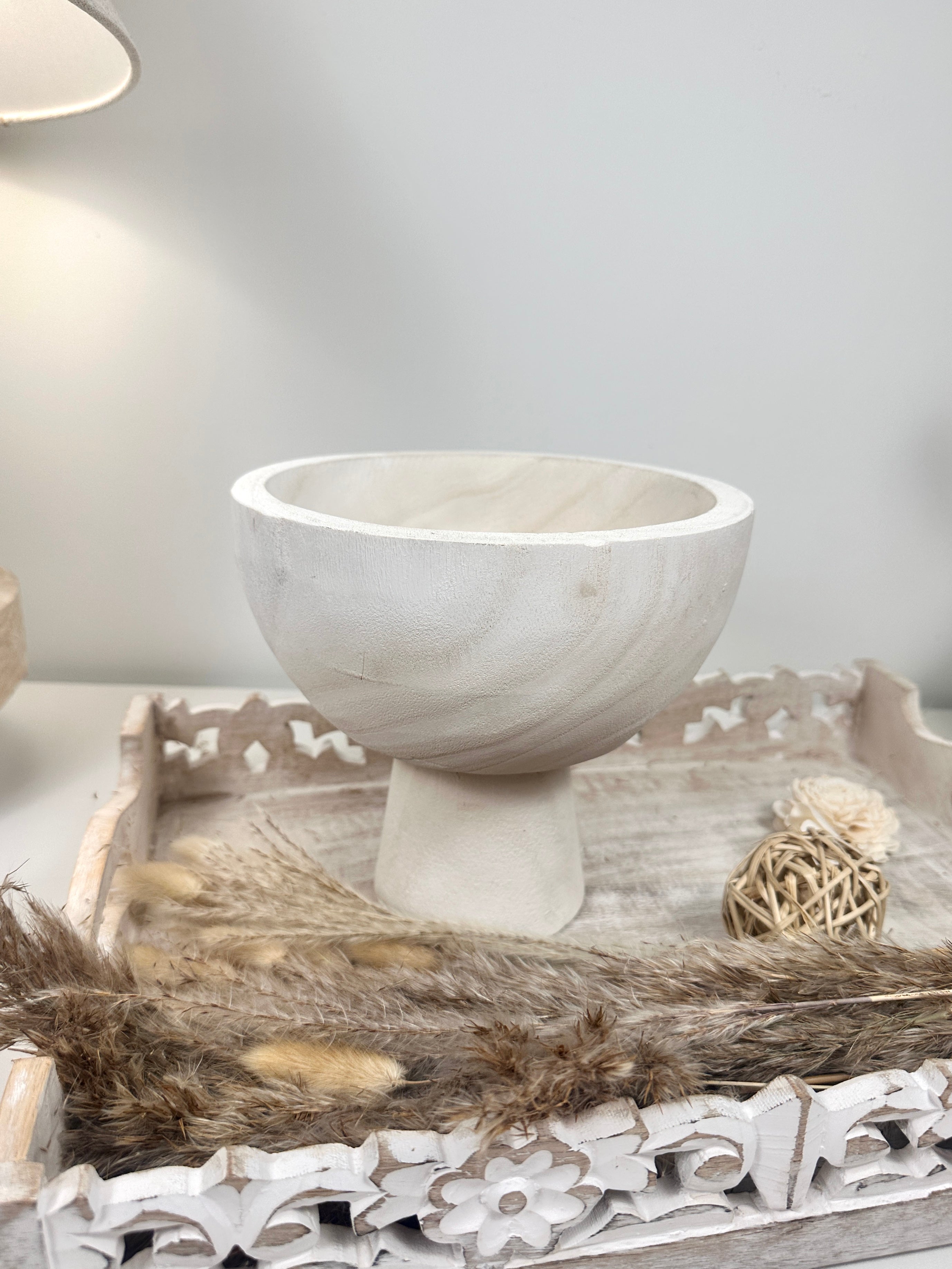 Set of 2 Boho Paulownia Bowl Tray 7"tall Ivory Sand + Wood Bead Garland