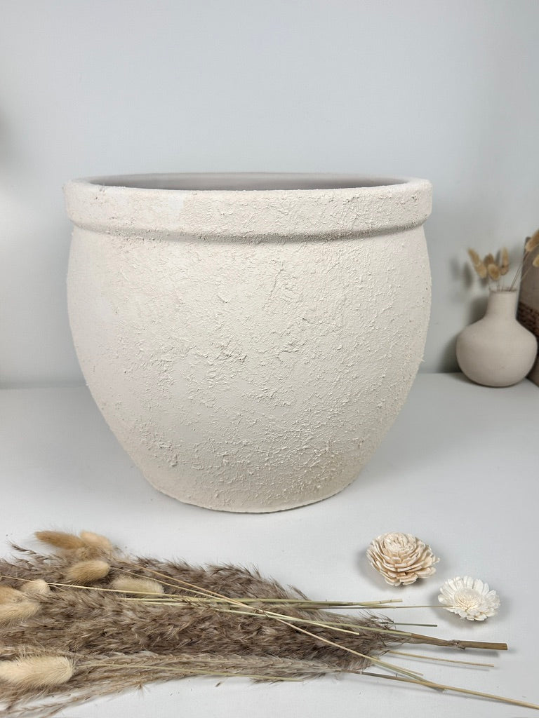 Minimalist Hand-Painted & Textured Planter Pot 12" tall with drainage hole one time creation - Cream