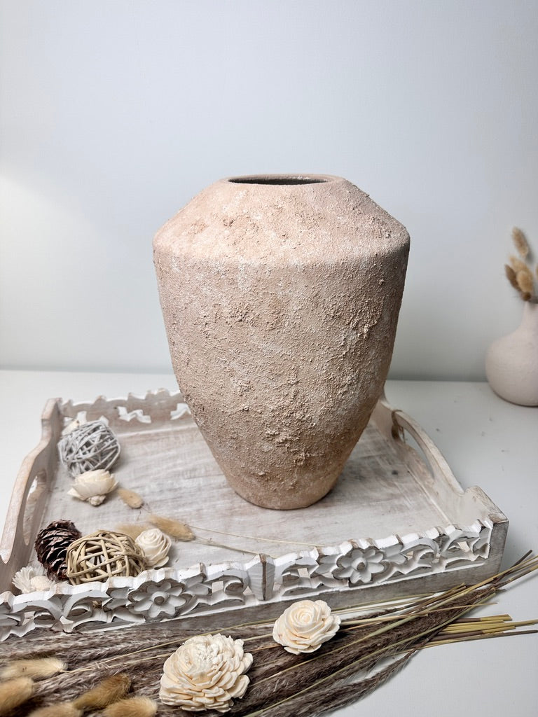 Rustic Minimalist Textured Hand-Painted Ceramic Vase 12" - Light Beige Wash
