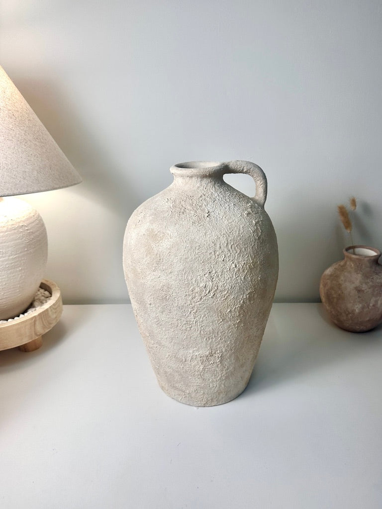 Amphora-inspired Shape Vase With One Handle, Painted And Textured By Hand, Off White/ Cream