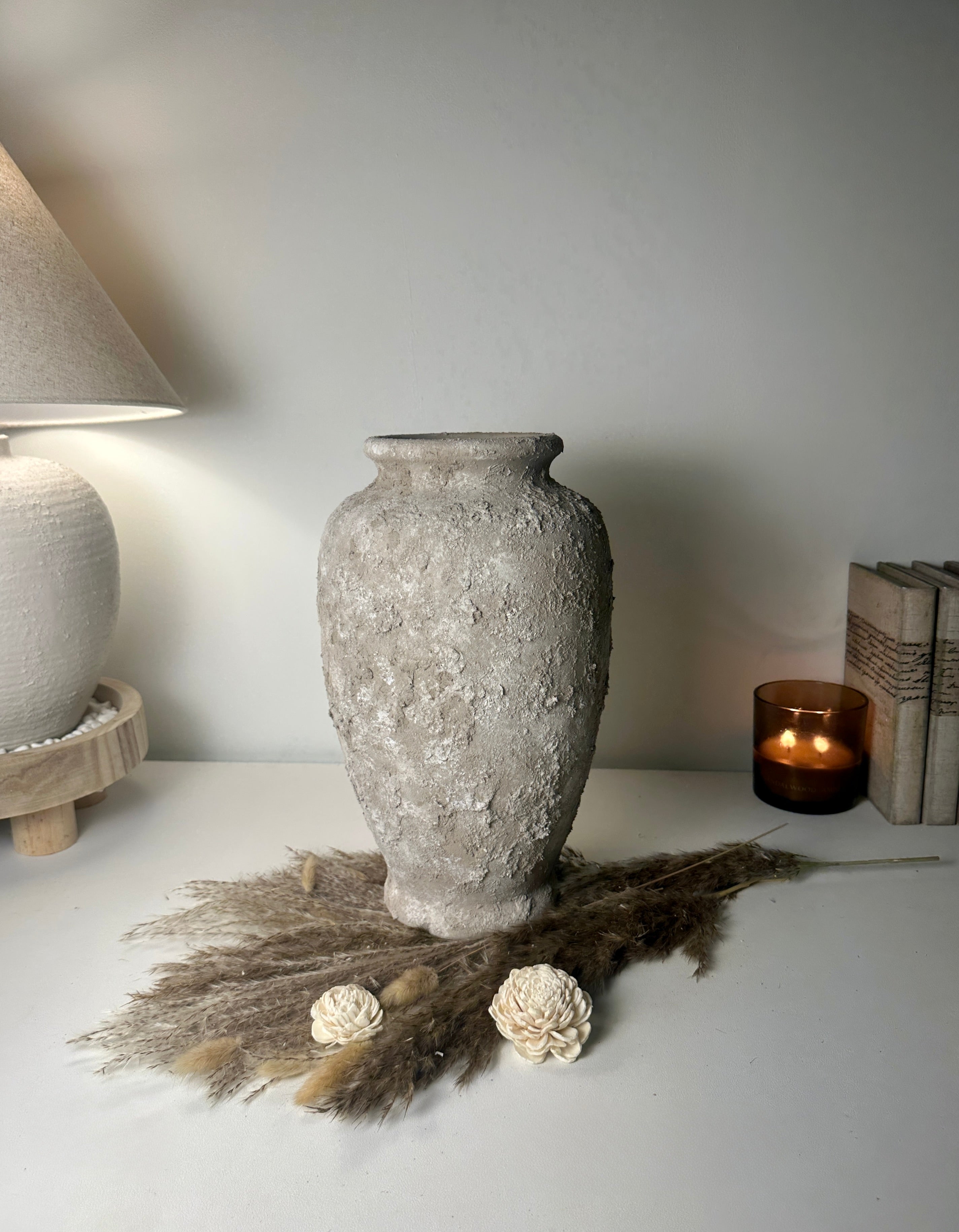 Rustic Hand-Painted Textured Ceramic Vase 14" tall - Beige Wash