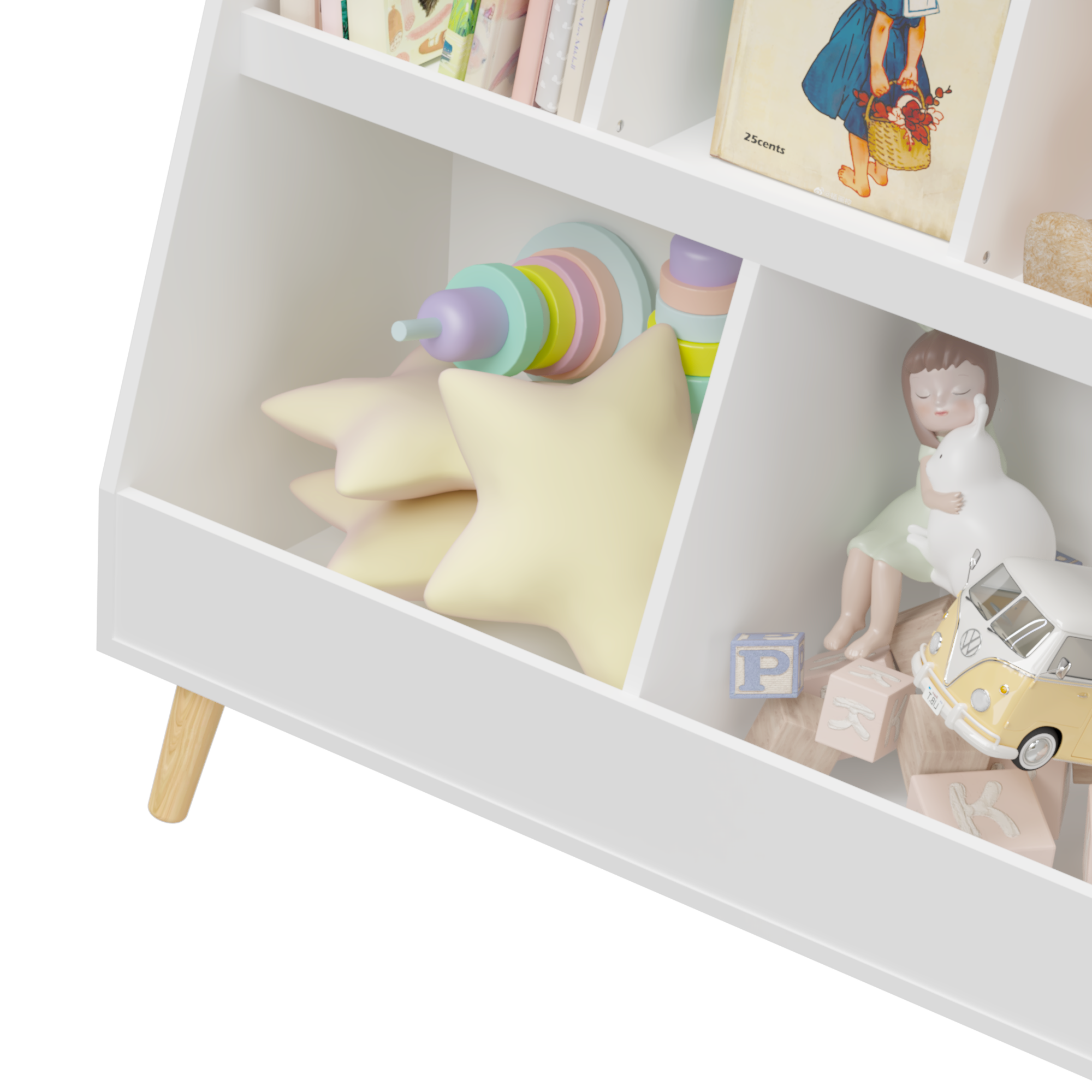 Kids Bookshelf and Toy Organizer, 5 Cubbies Wooden Open Bookcase, 2-Tier Baby Storage Display Organizer with Legs, Free Standing for Playing Room, Bedroom, Nursery, Classroom - White