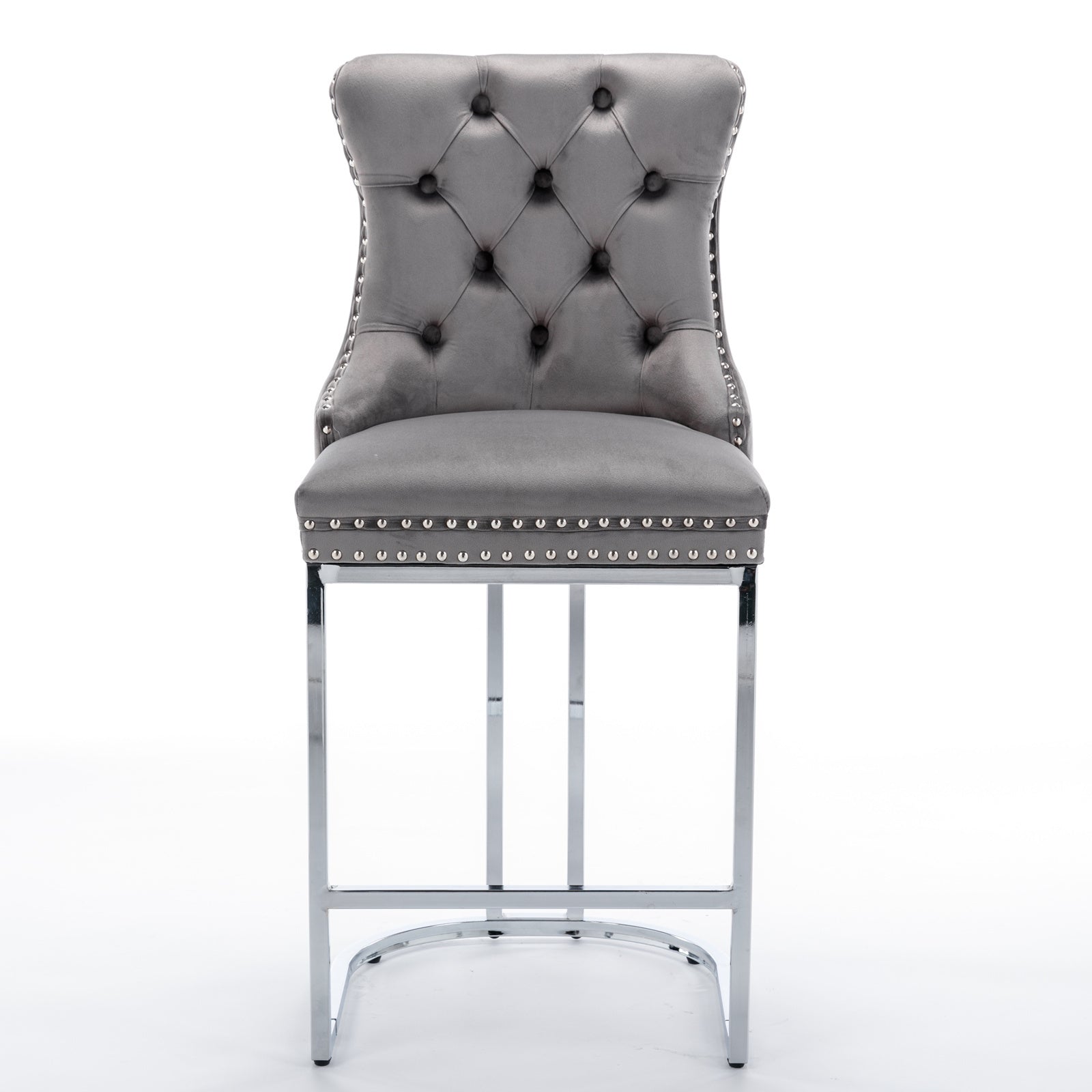 Set of 2, 26" Counter Height Modern Velvet Barstools with Button Back&Rivet Trim Upholstered Kitchen Island Chairs with Sturdy Chromed Metal Base Legs Farmhouse - Gray