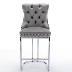 Set of 2, 26" Counter Height Modern Velvet Barstools with Button Back&Rivet Trim Upholstered Kitchen Island Chairs with Sturdy Chromed Metal Base Legs Farmhouse - Gray
