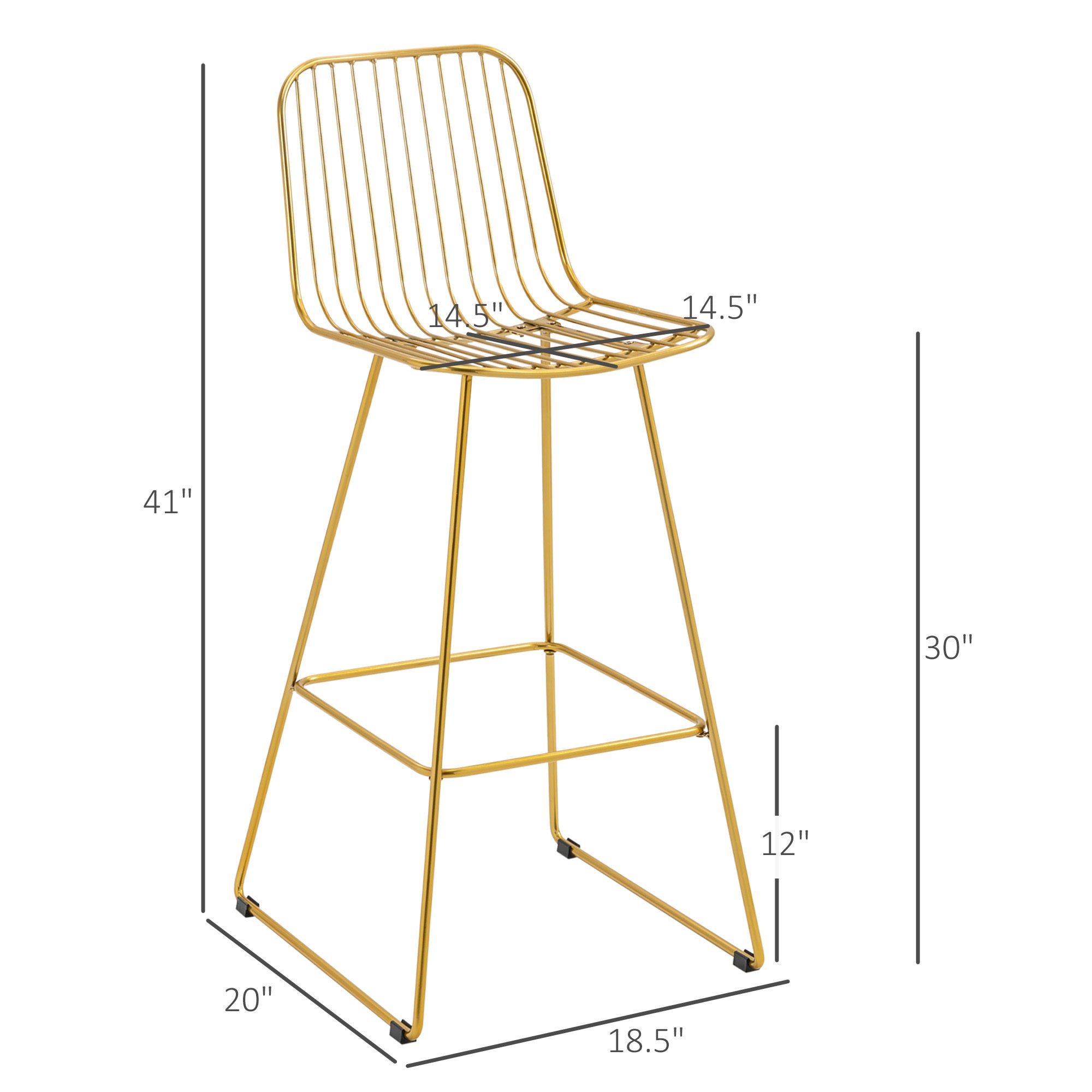 Set of 2 Gold Modern Bar Stools, Metal Wire Bar Height 30" with Back and Footrest