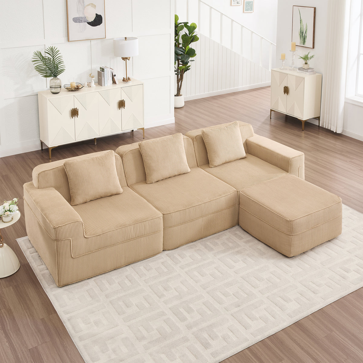 Modular 3 Seat L Shape Sectional Boneless Sofa, Cloud Sectional Couch with Deep Seat, Modern Modular 3-Seat Sofa Couch with Throw Pillows and 1 Movable Ottoman, Corduroy Fabric Camel