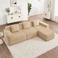 Modular 3 Seat L Shape Sectional Boneless Sofa, Cloud Sectional Couch with Deep Seat, Modern Modular 3-Seat Sofa Couch with Throw Pillows and 1 Movable Ottoman, Corduroy Fabric Camel