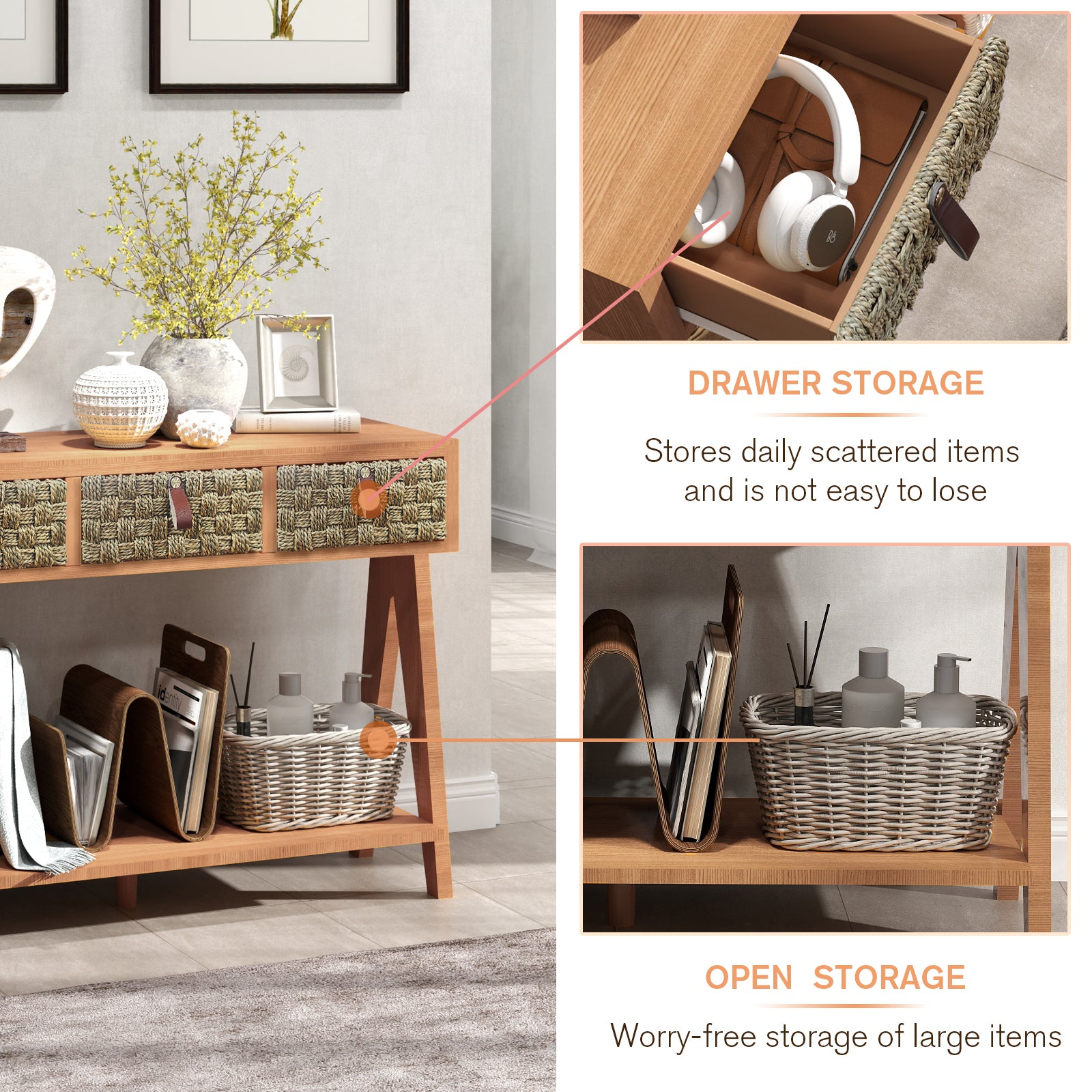 Mid Century Modern Console Table with Storage for Entryway - Brown Oak
