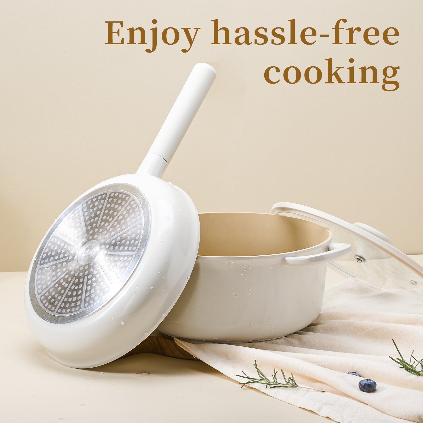 Ceramic Cookware Sets, Pots And Pans Set Non Stick, Healthy Induction Kitchen Cooking Set With Removable Handles, Stackable Pots Pans, Oven Safe, PFOA,PFOS Free, Beige