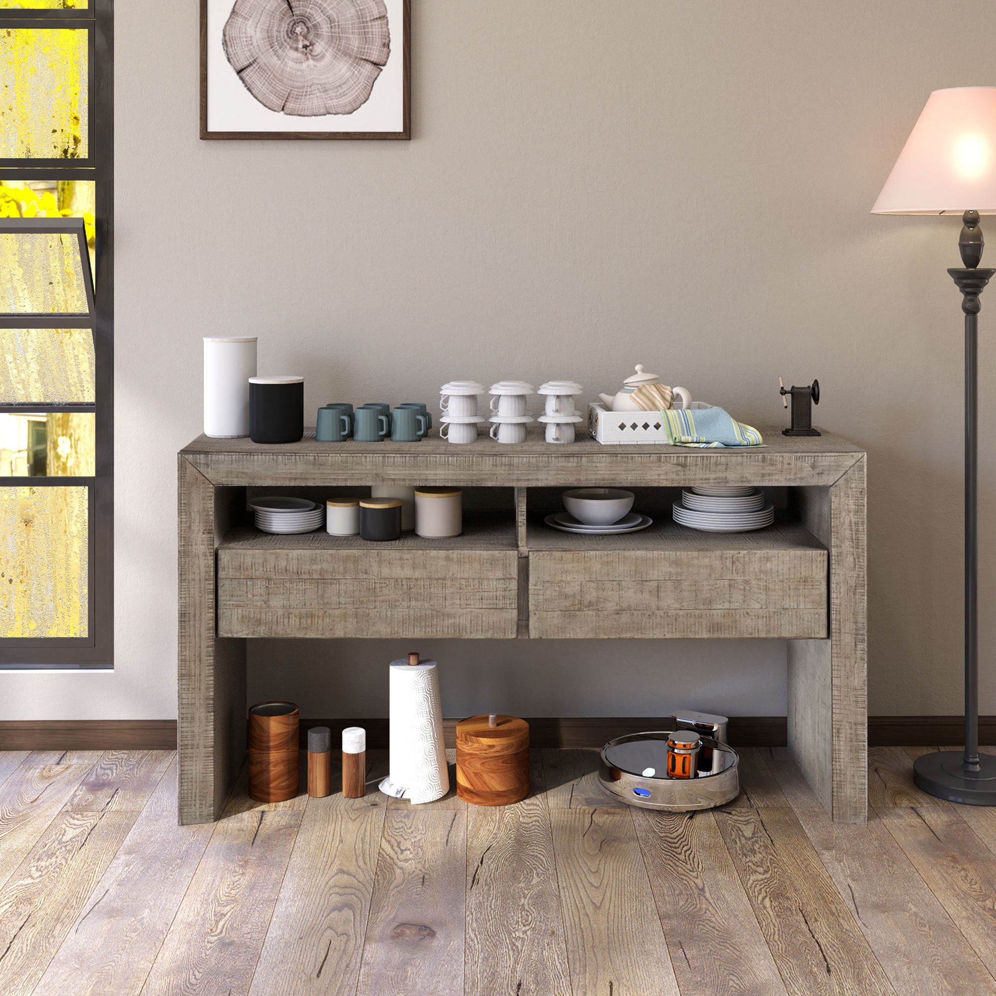Buffet Storage Cabinet Sideboard Farmhouse Server with 2 Drawers and 2 open Storage Console Table for Kitchen, Dining Living Room Cupboard - Grey