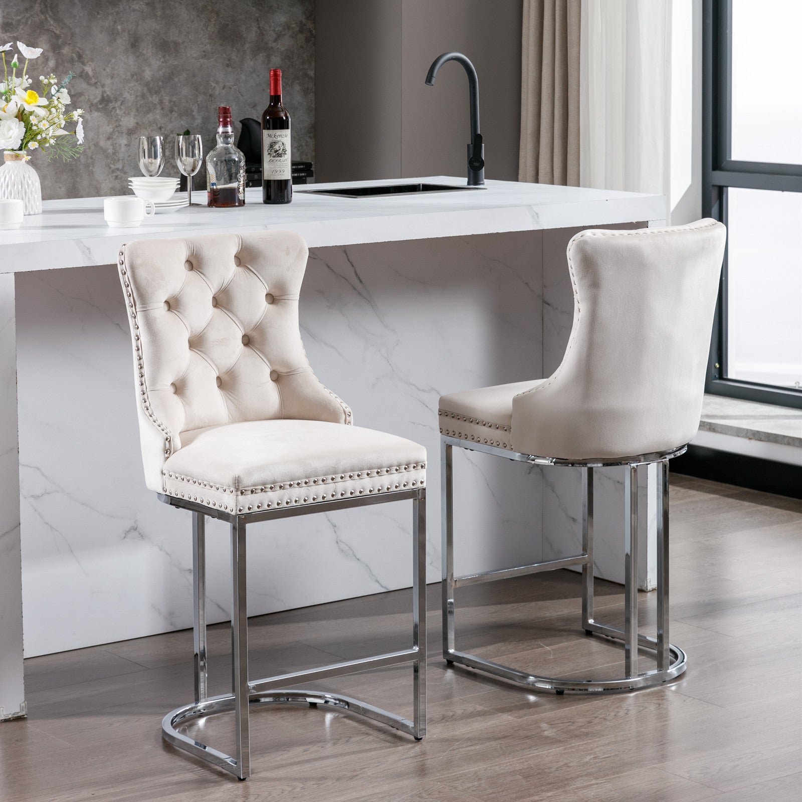 Modern Velvet Barstools 26" Counter Height Bar Stools (Set of 2) - Beige