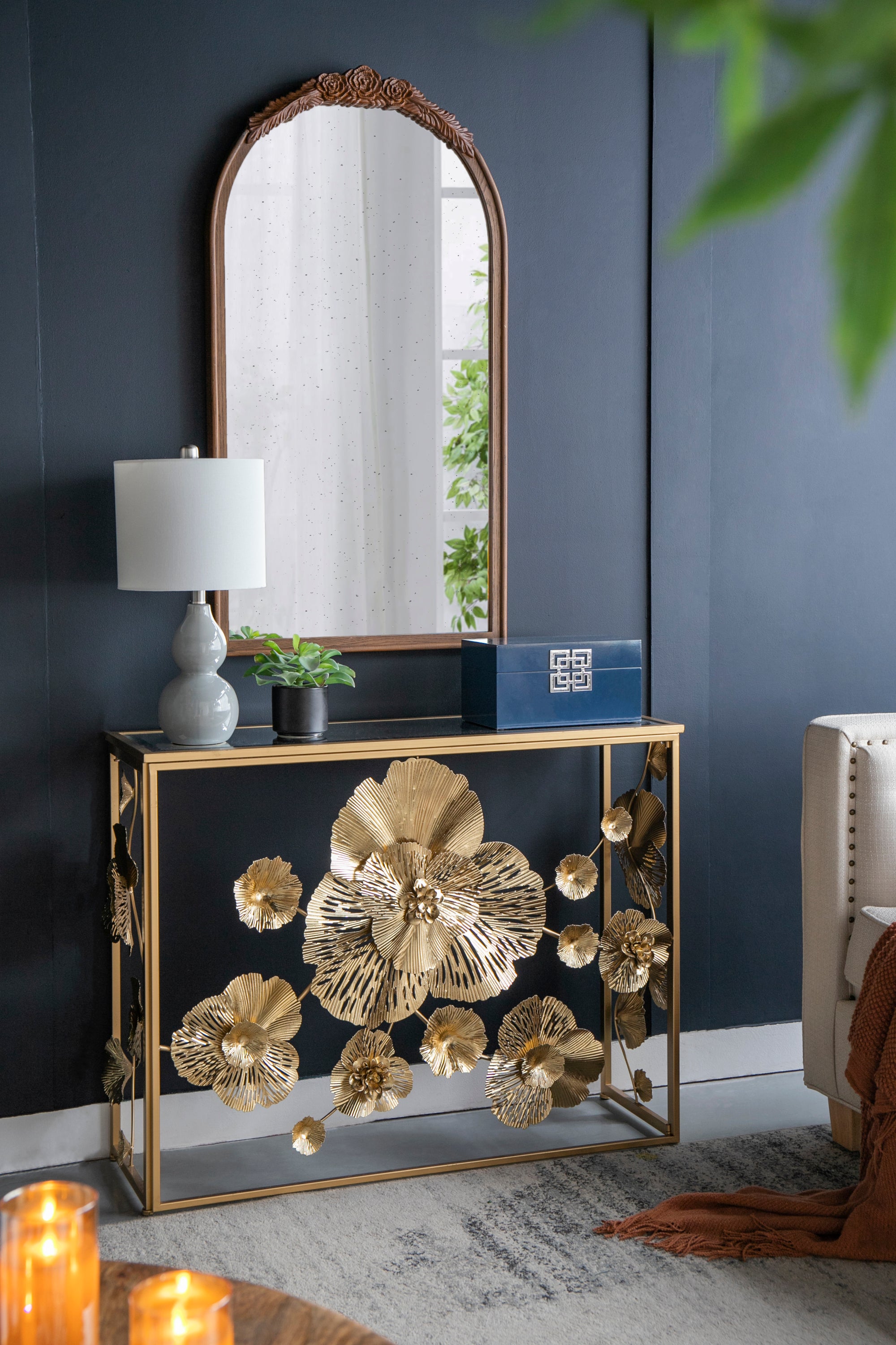 Gold Console Table with Mirrored Glass Top 39.5"x12"x30.5"