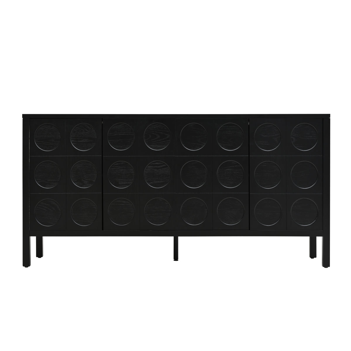 Stylish Storage Cabinet Sideboard with Unique Geometric Circle Door Design in Black, MDF and Solid Wood, 59.84x15.91x29.72 inches